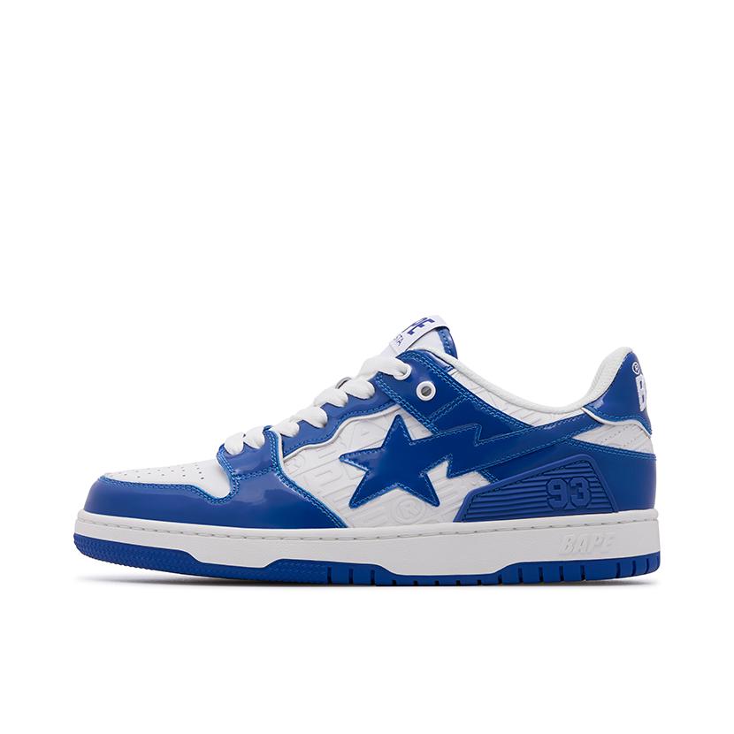 推荐商品：Bape Sta 板鞋 拼接舒适皮革防滑耐磨系带圆头时尚简约复古百搭牛皮压纹平跟徽标星星图案 亮蓝色/白色
