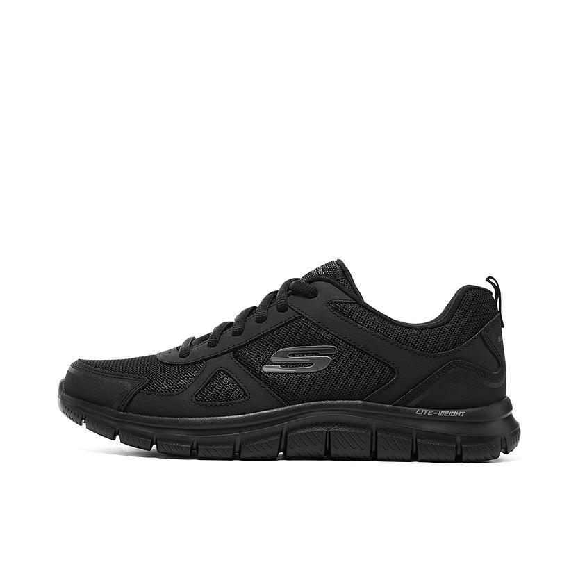 推荐商品：Skechers/斯凯奇 Track 缓震 防滑耐磨 轻便软底 网面透气 舒适轻质 百搭简约 绑带 运动休闲鞋 男款/全黑色