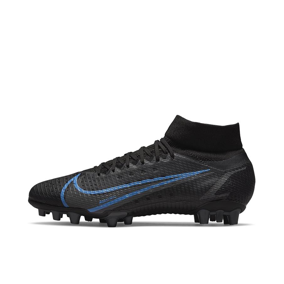 推荐商品：Nike Mercurial Superfly 8 Elite AG 顶级 胶质短钉 人造草地 包裹性 织物 足球鞋 黑色/深蓝色