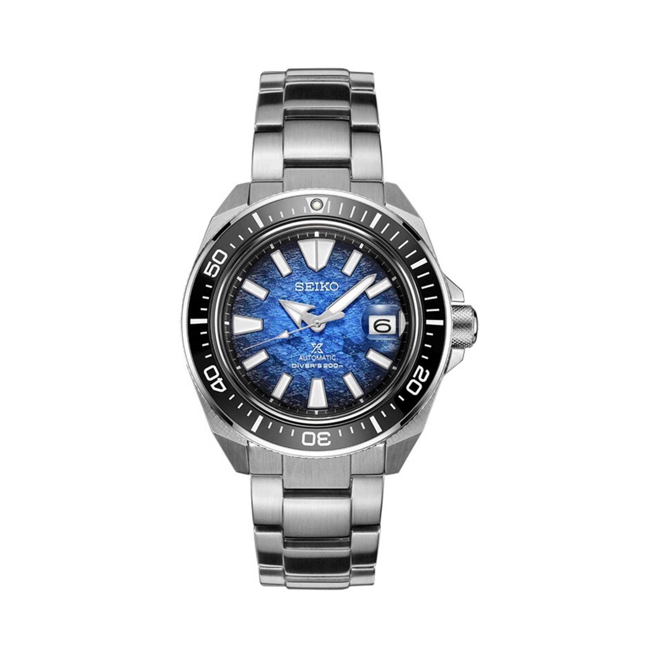 推荐商品：SEIKO/精工 PROSPEX 人工蓝宝石表镜武士水鬼渐变蓝钢带200米防水机械男士手表