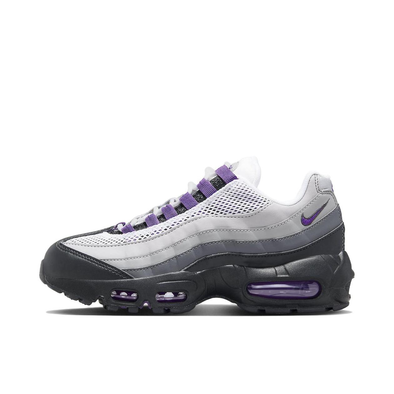 推荐商品：Nike Air Max 95 跑鞋 潮流时尚复古百搭防滑耐磨舒适透气防水气垫织物支撑低帮缓震贴合耐用圆头 灰色/紫色