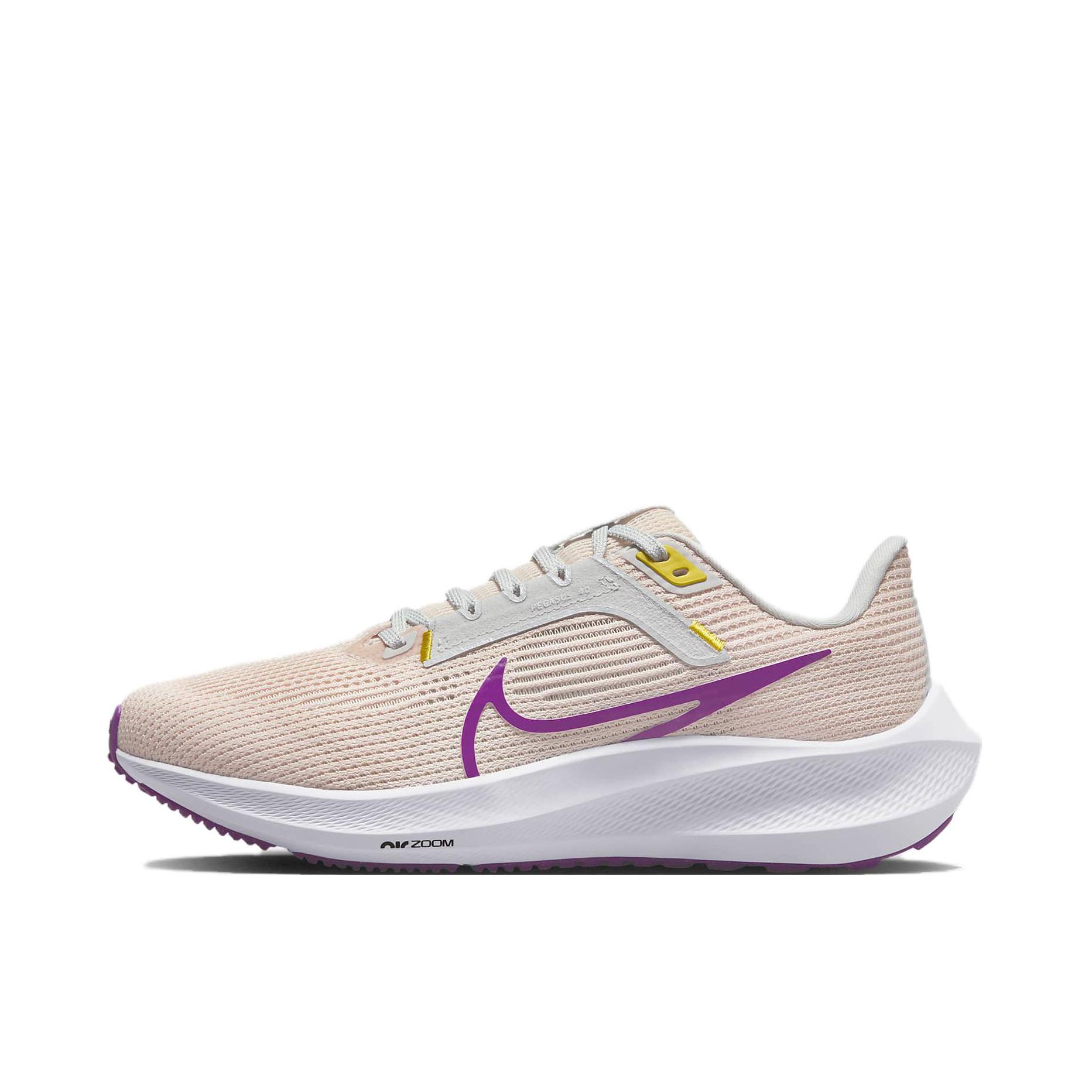 推荐商品：Nike Air Zoom Pegasus 40 跑鞋 缓震网面透气轻质飞马田径训练回弹支撑圆头 女款/宽版/淡粉色/紫色