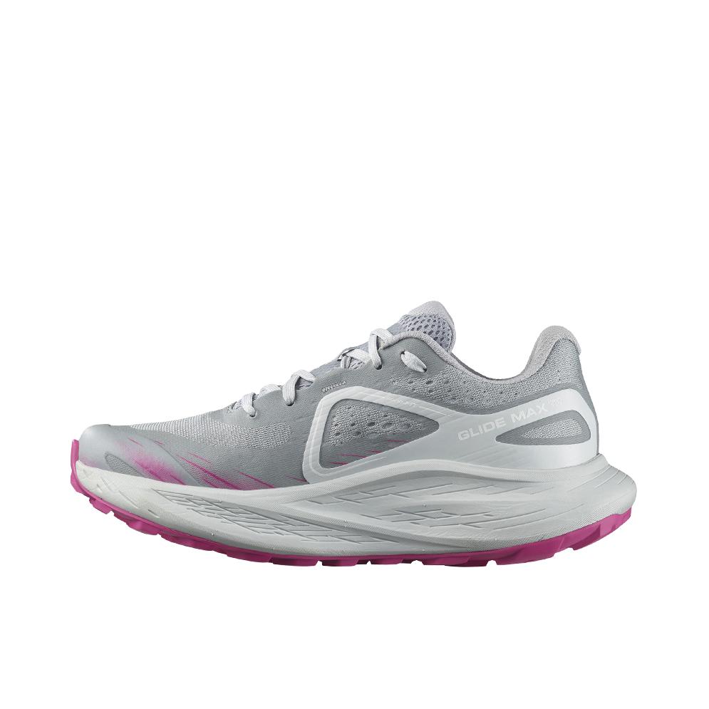 推荐商品：Salomon/萨洛蒙 Glide Max TR 减震回弹 防滑耐磨 网布透气 休闲运动 抓地 全地形 织物 慢跑 越野 跑鞋 沙场灰/紫色