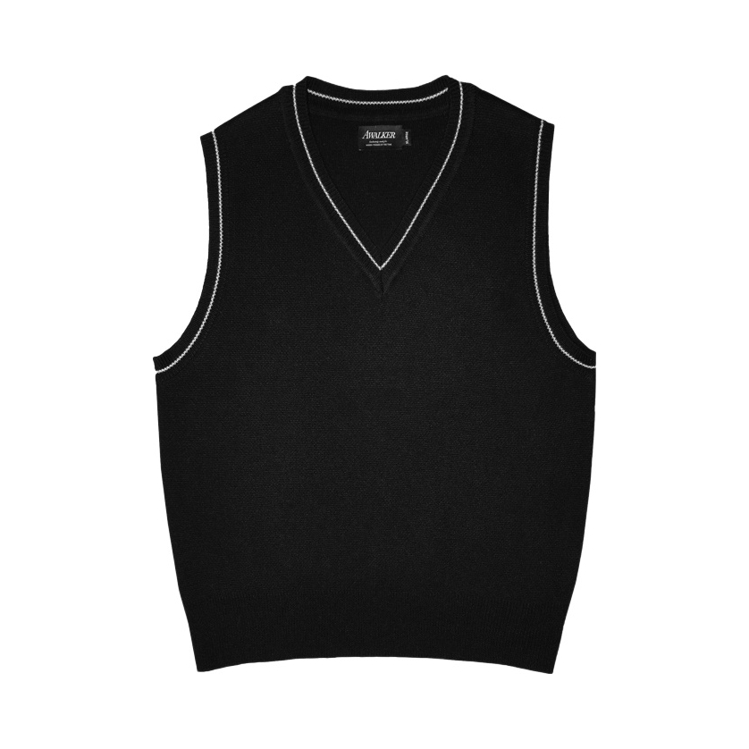推荐商品：AWALKER 拼色羊毛混纺V领毛衣马甲 黑