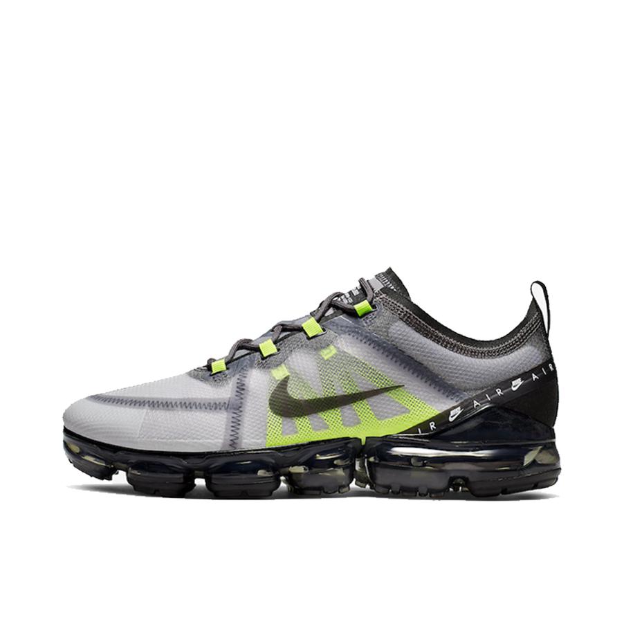 推荐商品：Nike Air VaporMax 2019 跑鞋 全掌气垫减震回弹防滑耐磨织物网布支撑运动 Atmosphere Grey/Black-Thunder Grey/Volt 灰黑绿
