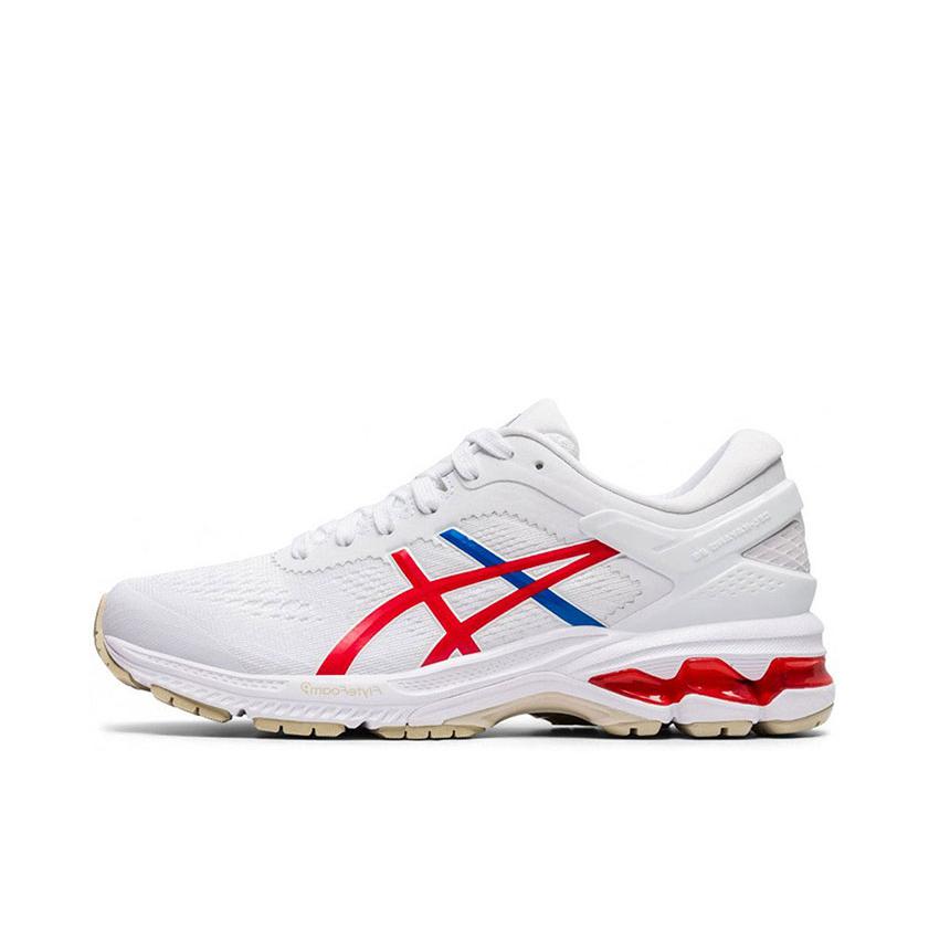 推荐商品：Asics/亚瑟士 Gel-Kayano 26 跑鞋 减震回弹防滑耐磨舒适透气支撑稳定织物圆头 White/Red/Blue 白色/红色/蓝色