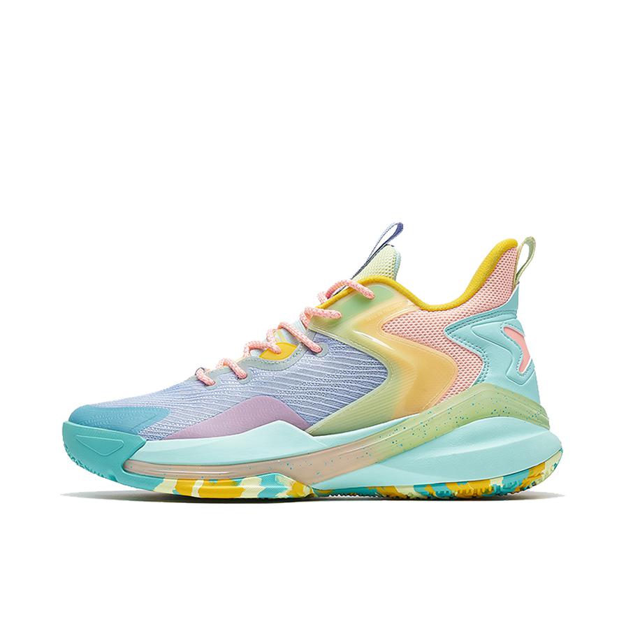 推荐商品：特步 魔翎 防滑耐磨 外场实战 篮球鞋 879419120002 紫色/黄色