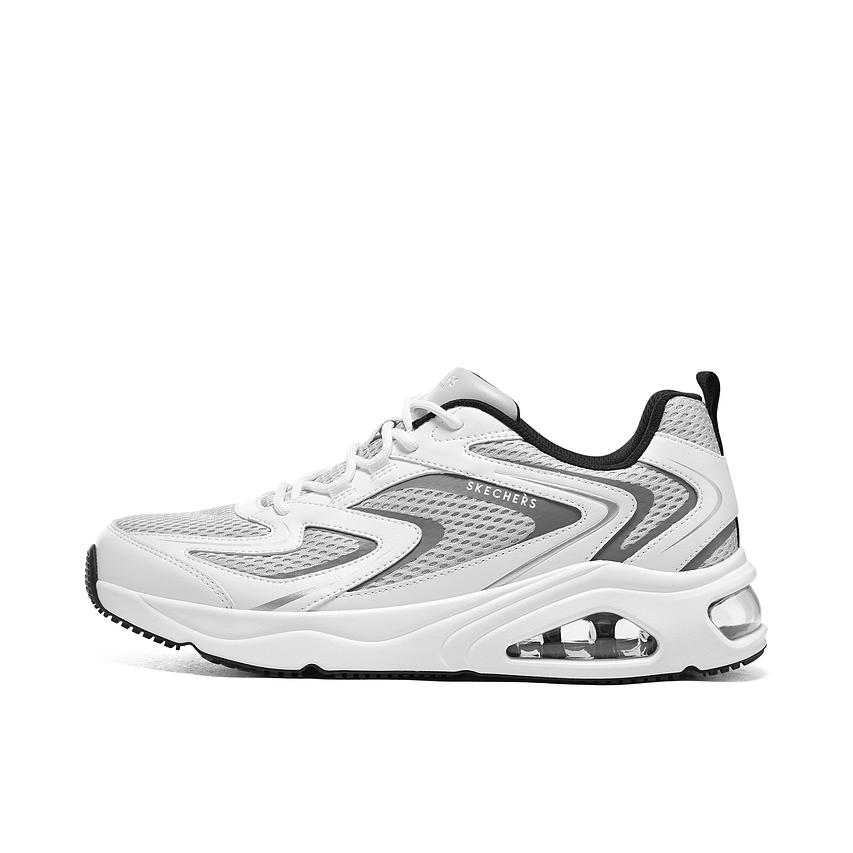 推荐商品：【成毅同款】 Skechers/斯凯奇 Street Tres-Air Uno 运动休闲鞋 减震网布透气防滑耐磨舒适百搭软底绑带织物增高拼接 浅灰色