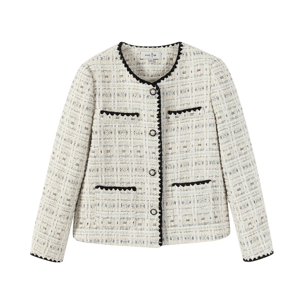 推荐商品：X.YING/香影  小香风赫本风高级感法式名媛风粗花呢小个子短款圆领长袖夹克 女装 J823307 米