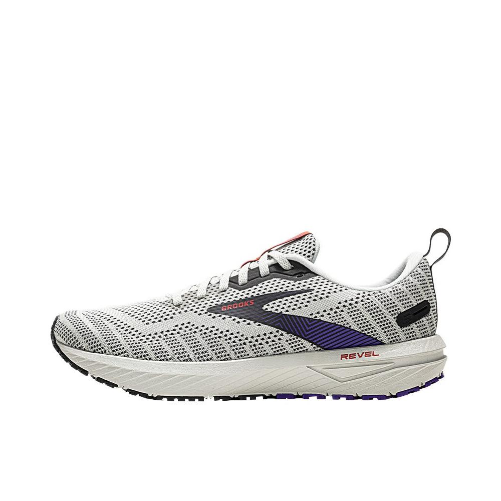 推荐商品：Brooks/布鲁克斯 Revel 6 减震回弹 网面透气 防滑耐磨 织物 舒适百搭 短跑 马拉松 跑鞋 黎明灰/卡晏红/铁灰色