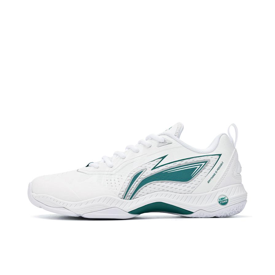 推荐商品：李宁 贴地飞行 3LITE 羽毛球鞋 系带足弓稳定减震耐磨防滑织物包裹性休闲百搭 白色/绿色