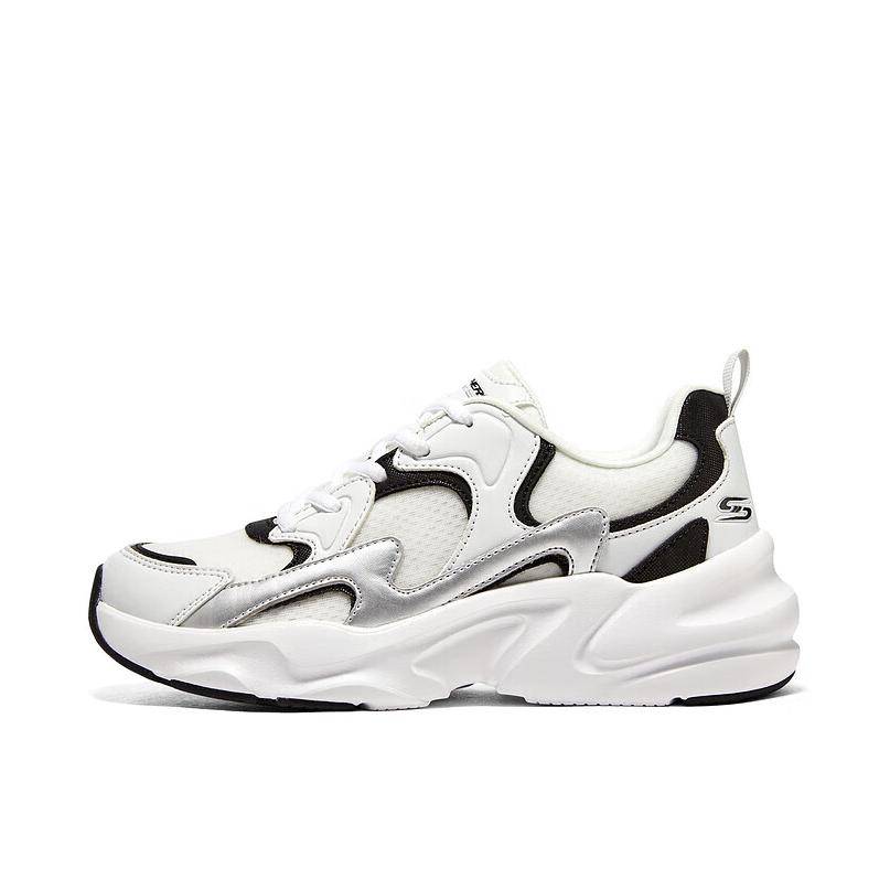 推荐商品：Skechers/斯凯奇  Bobs  Bamina 2 踏浪 休闲 运动鞋 老爹鞋 情侣鞋 复古学院风轻便耐磨网面透气舒适绑带增高厚底  女款/白色/黑色/银色