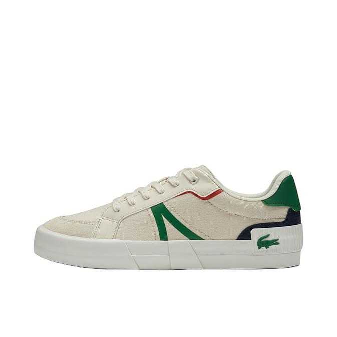推荐商品：LACOSTE L004系列 舒适百搭 简约时尚 圆头透气 防滑耐磨 平底 法国鳄鱼 拼接 牛皮革 运动休闲鞋 44SMA0077 WG1/米白色/绿色