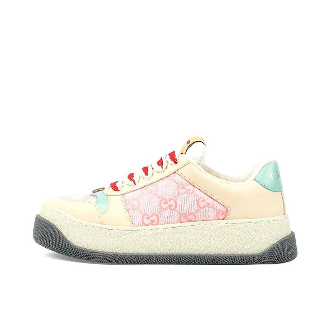 推荐商品：Gucci Screener 胖丁 板鞋 脏脏鞋 时尚百搭圆头厚底织带皮革 女款/粉色/米色