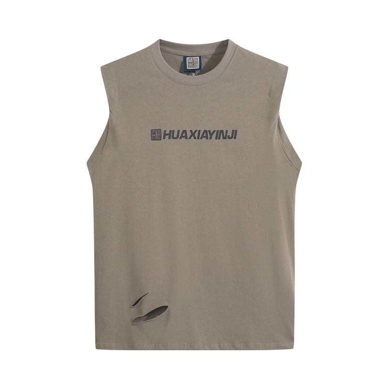 推荐商品：华夏印迹  中性概念基础LOGO复古破洞纯棉背心 男女同款 HT2303099 茶褐