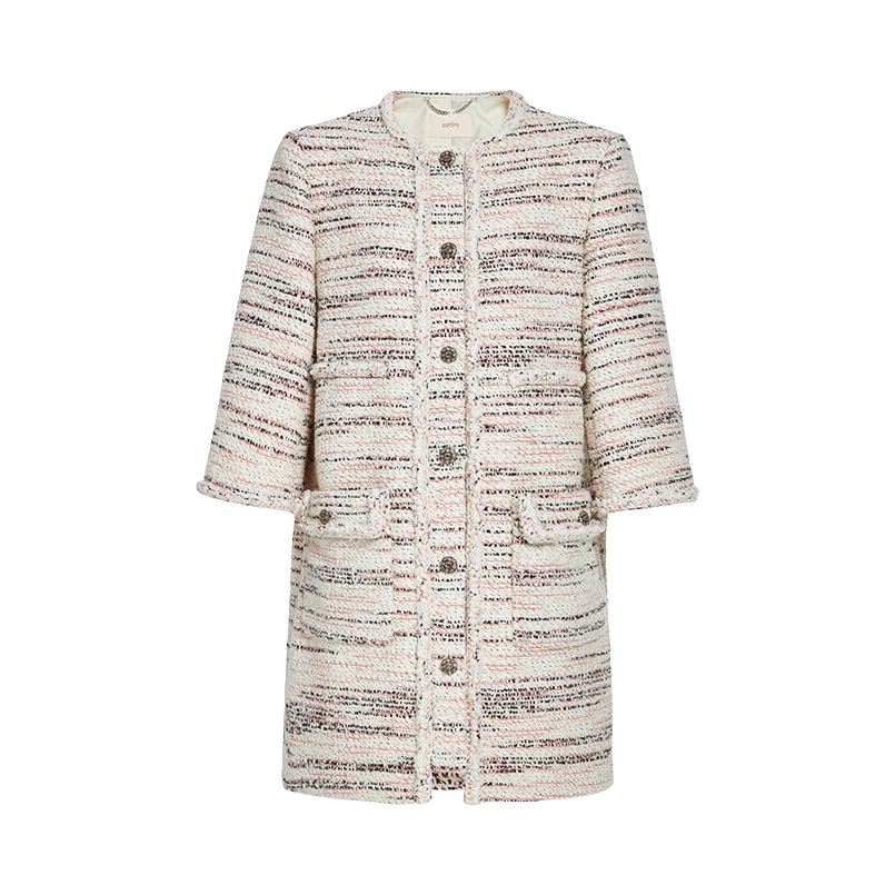 推荐商品：ochirly/欧时力 条纹中长款小香风夹克 女装 1TY3048390 粉红