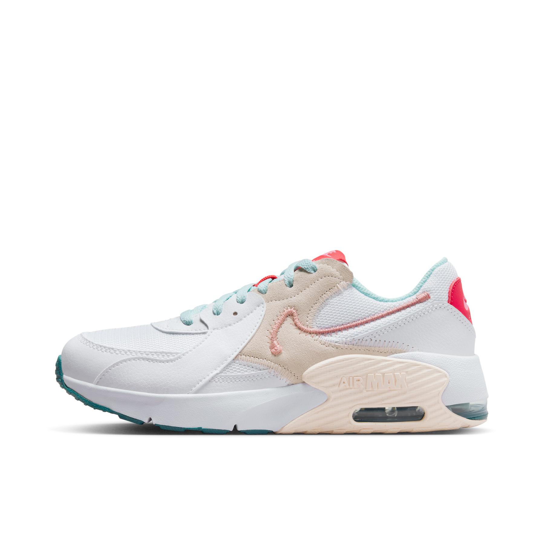 推荐商品：Nike Air Max Excee 跑鞋 防滑耐磨舒适缓震网面透气气垫复古支撑织物合成革圆头贴合抓地 GS/白色/星尘红