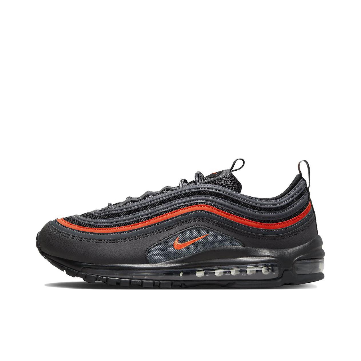 推荐商品：Nike Air Max 97 跑鞋 气垫减震全掌舒适透气防滑耐磨百搭复古织物合成革运动时尚圆头包裹性支撑 黑色/红纹