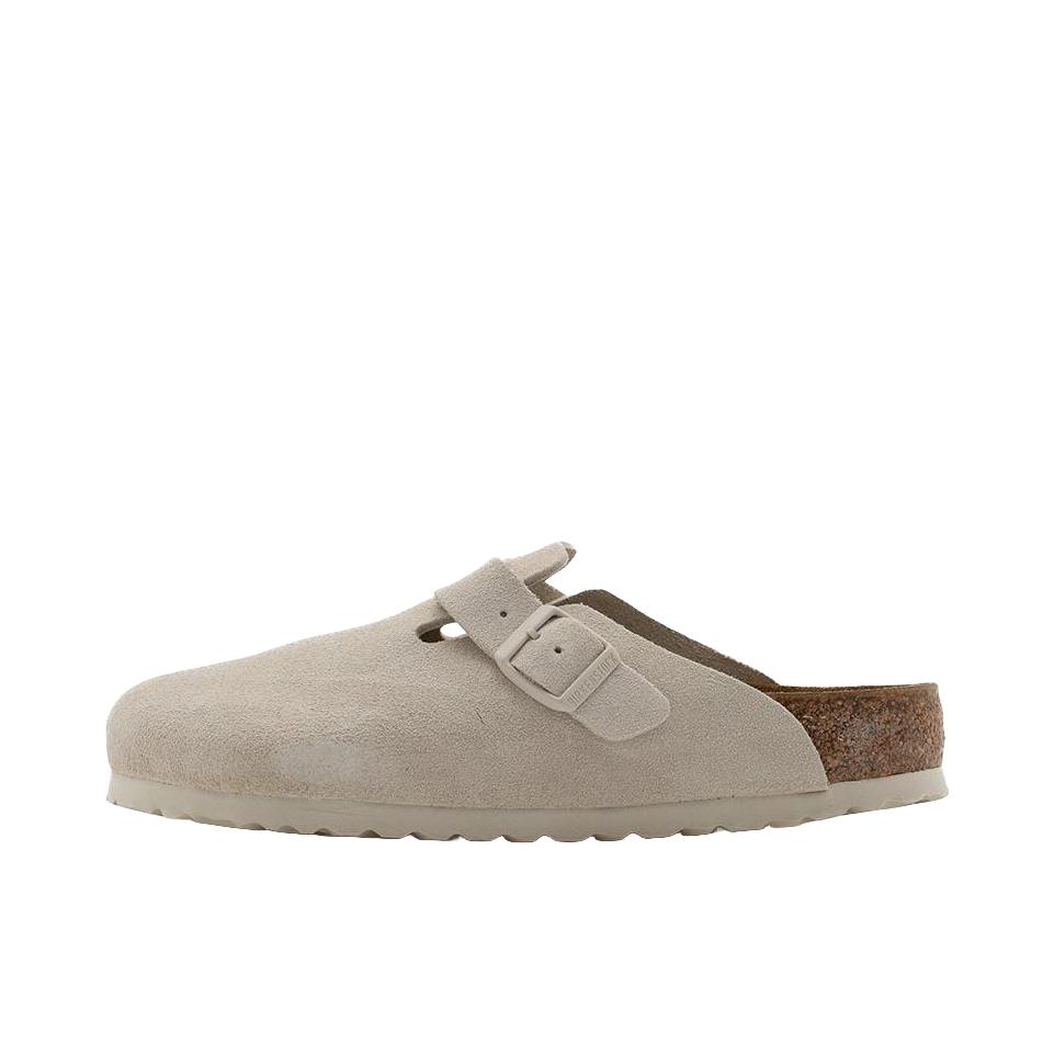 推荐商品：Birkenstock Boston系列 勃肯鞋 半拖鞋 防滑防磨包头软底搭扣秋冬绒面革牛皮软木 穆勒鞋一脚蹬 糯米色