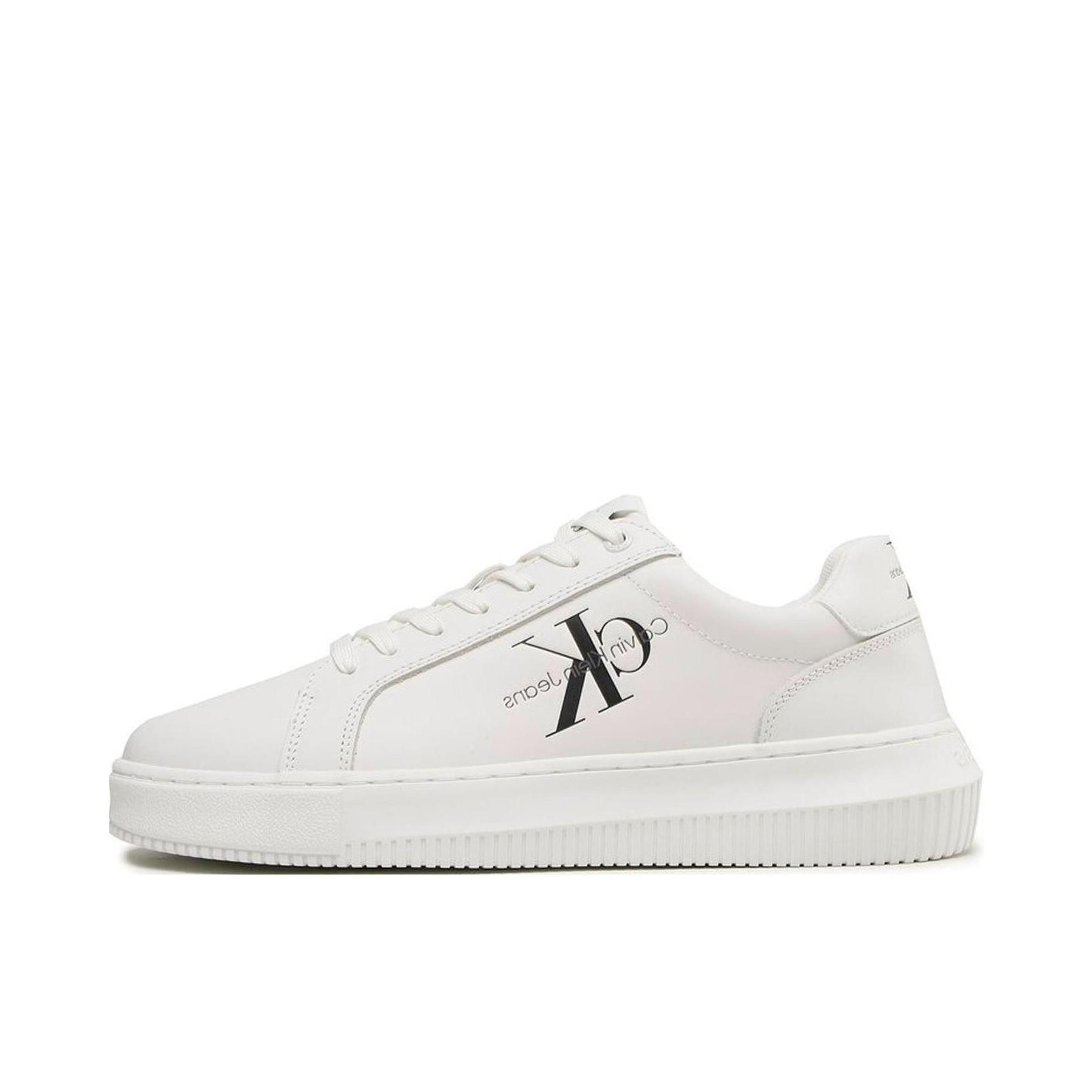 推荐商品：Calvin Klein/卡文克莱 时尚简约 圆头系带 牛皮革 字母压印 板鞋 YM0YM00681YBR 白