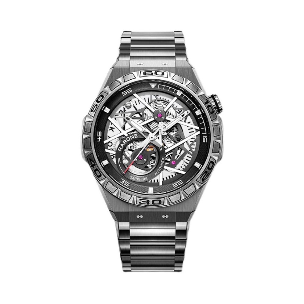 推荐商品：RARONE/雷诺 双子星系列 Y 防水全镂空钢带全自动纯机械男士手表