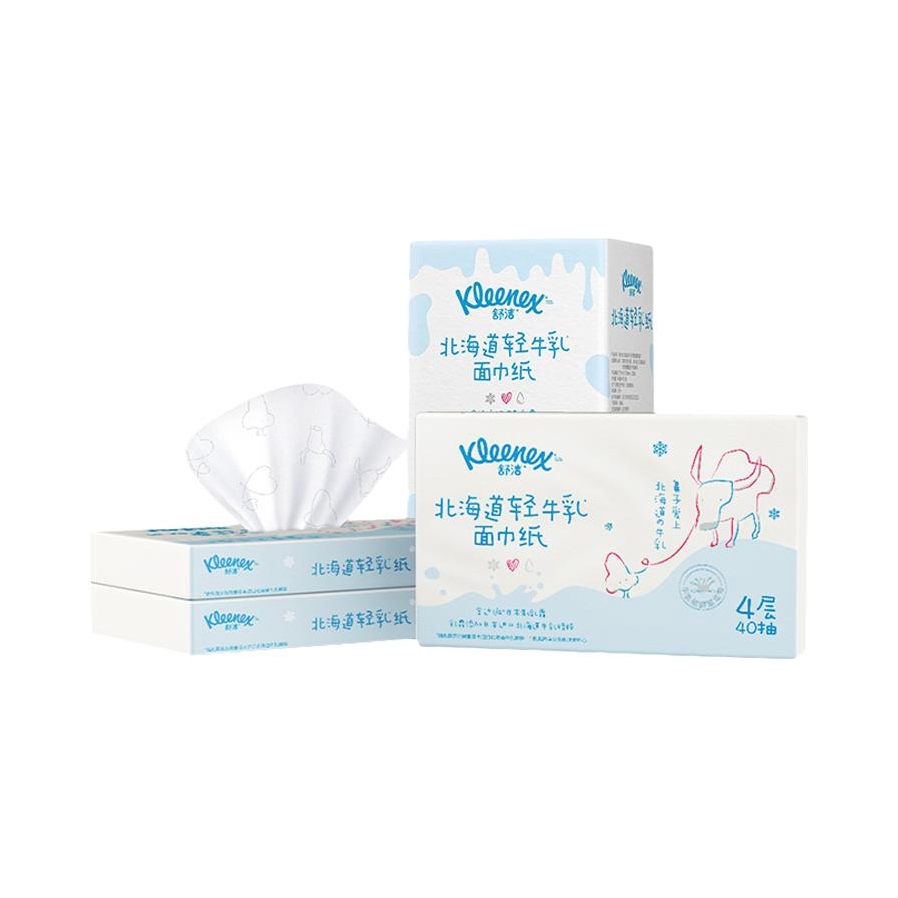 推荐商品：Kleenex/舒洁 北海道牛乳系列 4层 轻乳纸云柔巾面巾纸