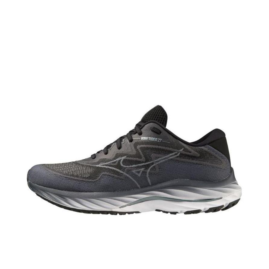推荐商品：Mizuno/美津浓 Wave Rider 27 缓震回弹 稳定支撑 舒适透气 百搭休闲 合成革 织物 慢跑 跑鞋 黑色/灰色