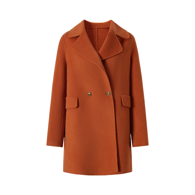 推荐商品：Juzui/玖姿  双排扣羊毛双面呢至简静奢毛呢中长外套 女装 JTDD72214 桔红