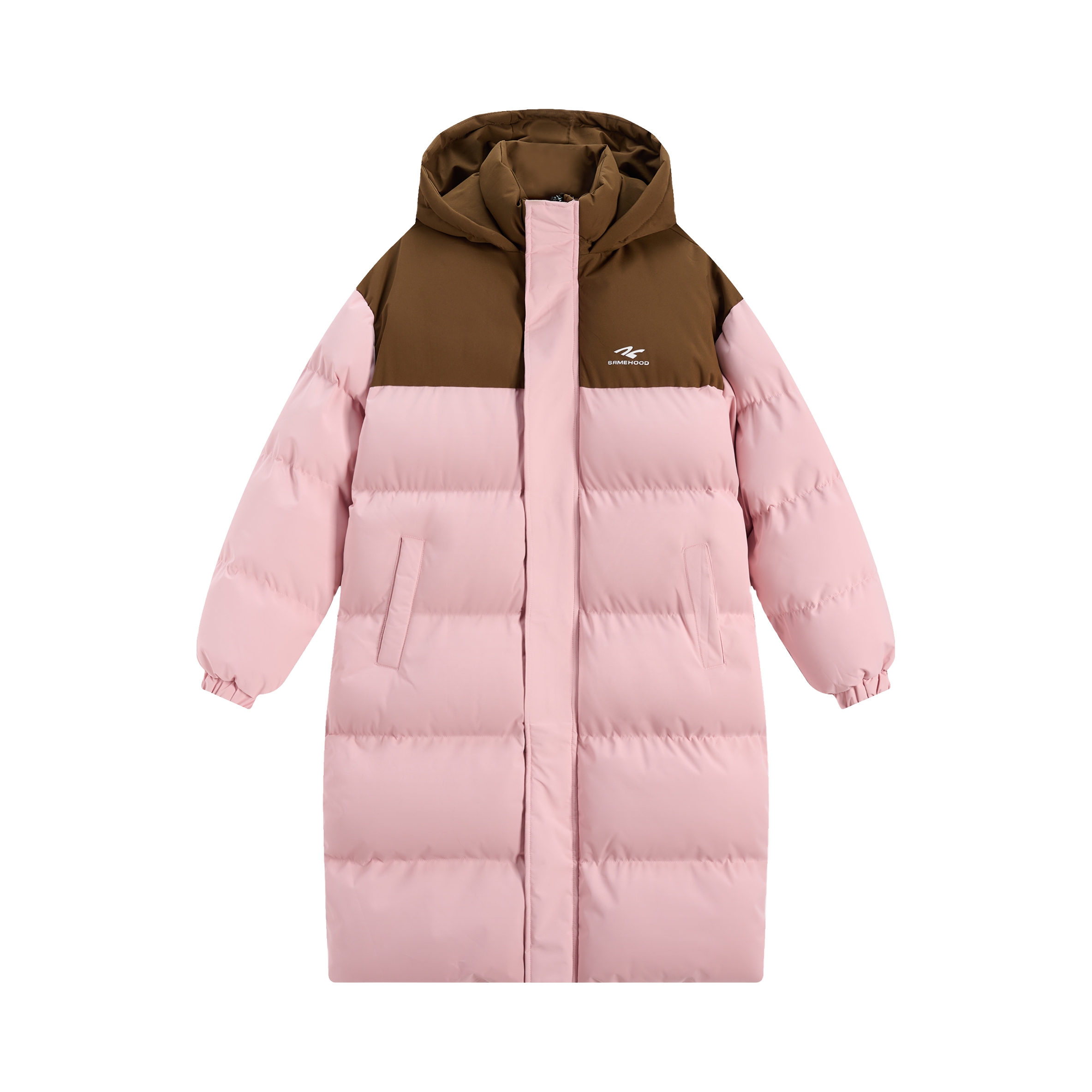 推荐商品：Simple Rimless   插肩拼接拼色字母中长款棉服 男女同款 QC23AW92 棕拼粉