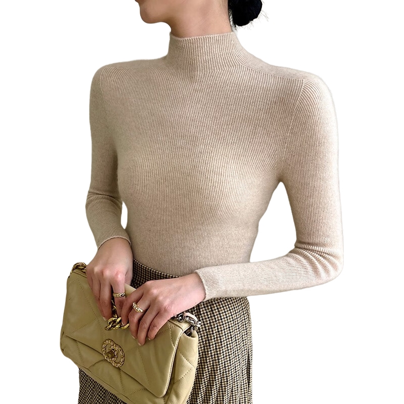 推荐商品：PASHEN/帕什 纯色100%山羊绒半高领一线成衣修身针织衫 女装 PS-2203 原绒浅驼