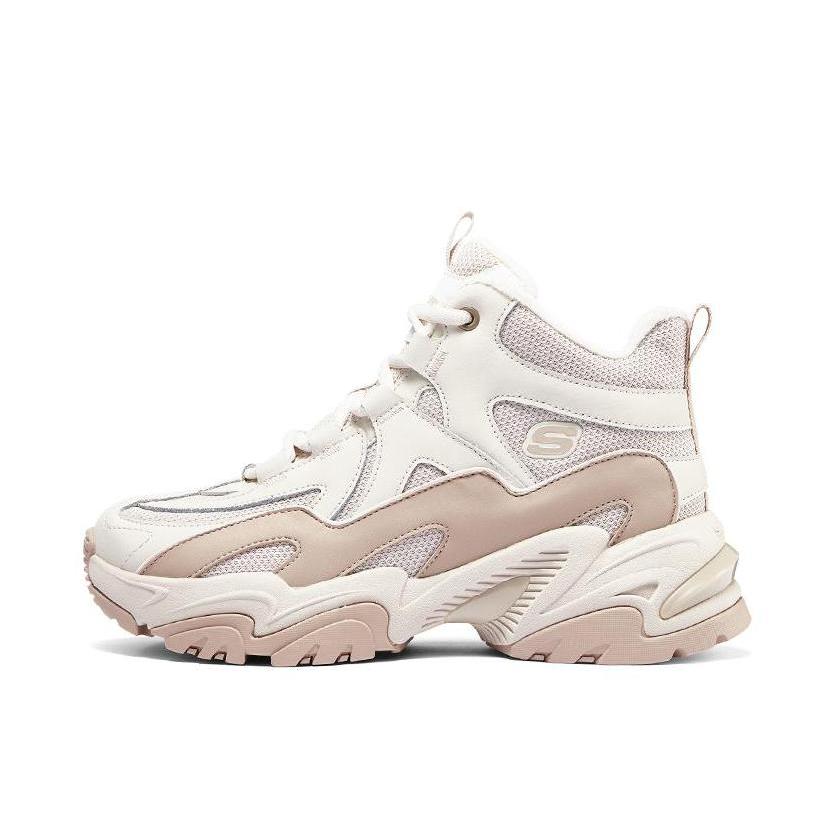 推荐商品：Skechers/斯凯奇  机甲鞋 高帮鞋 老爹鞋  减震耐磨简约时尚短绒保暖增高绑带加棉加绒网布运动  女款/加绒/浅粉色