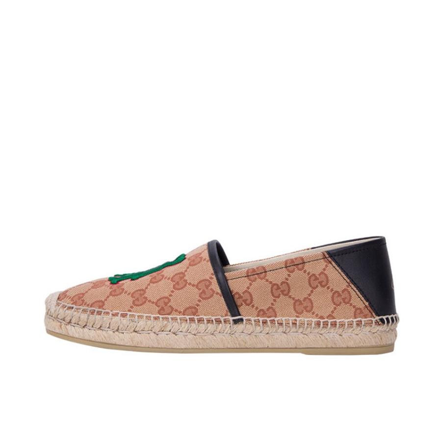 推荐商品：Gucci GG Espadrille系列 潮流时尚 舒适平底 套脚织物 平跟 一脚蹬 休闲鞋 621239 棕色/黑色 