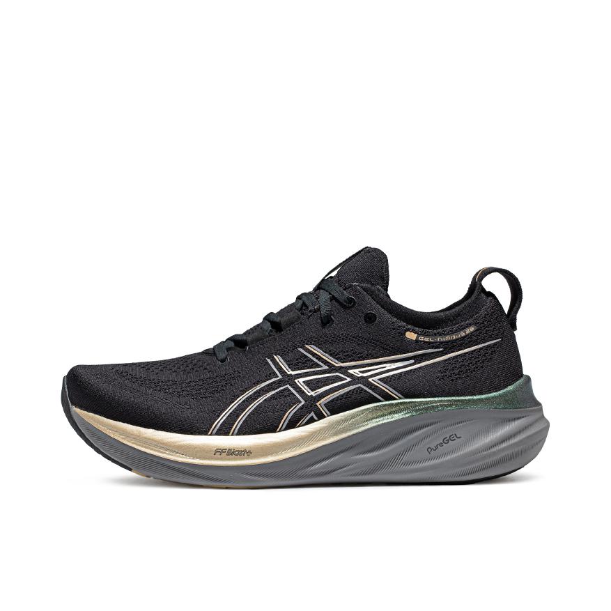 推荐商品：Asics/亚瑟士 Gel-Nimbus 26 跑鞋 缓震轻量回弹防滑耐磨舒适轻便稳定支撑马拉松短跑 PLATINUM/黑色/米黄色
