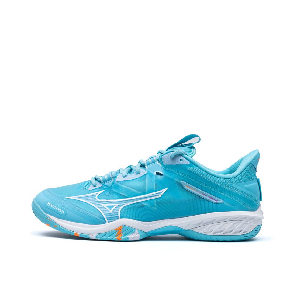 推荐商品：Mizuno/美津浓 Wave Claw Neo 2 减震回弹 防滑耐磨 透气 羽毛球鞋 蓝色/宁静蓝/亮橘色