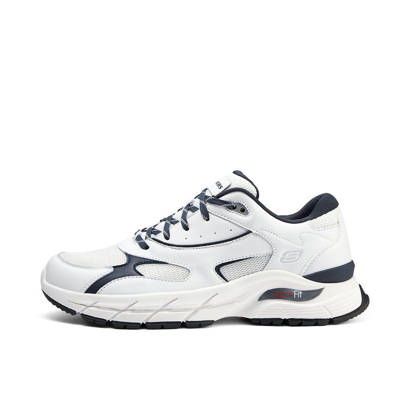 推荐商品：Skechers/斯凯奇 Arch Fit Baxter 防滑减震 舒适百搭 时尚潮流 复古 轻便透气 耐磨 网布 休闲鞋 白色/海军蓝色