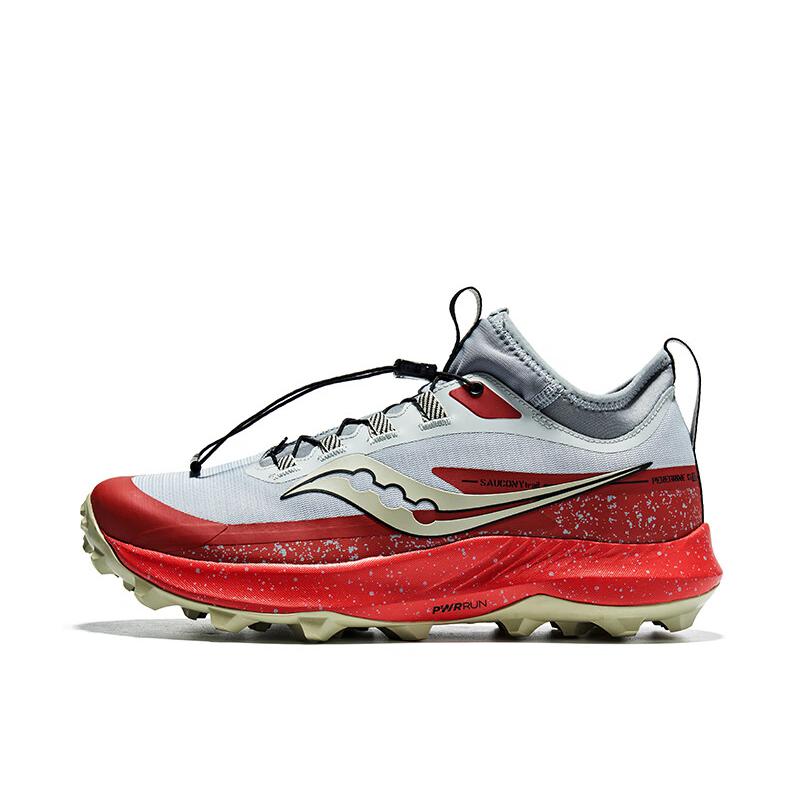 推荐商品：Saucony/索康尼 Peregrine 游隼13 户外越野 舒适缓震 网布透气 防滑耐磨 稳定 跑山 跑鞋 灰色/深红色 