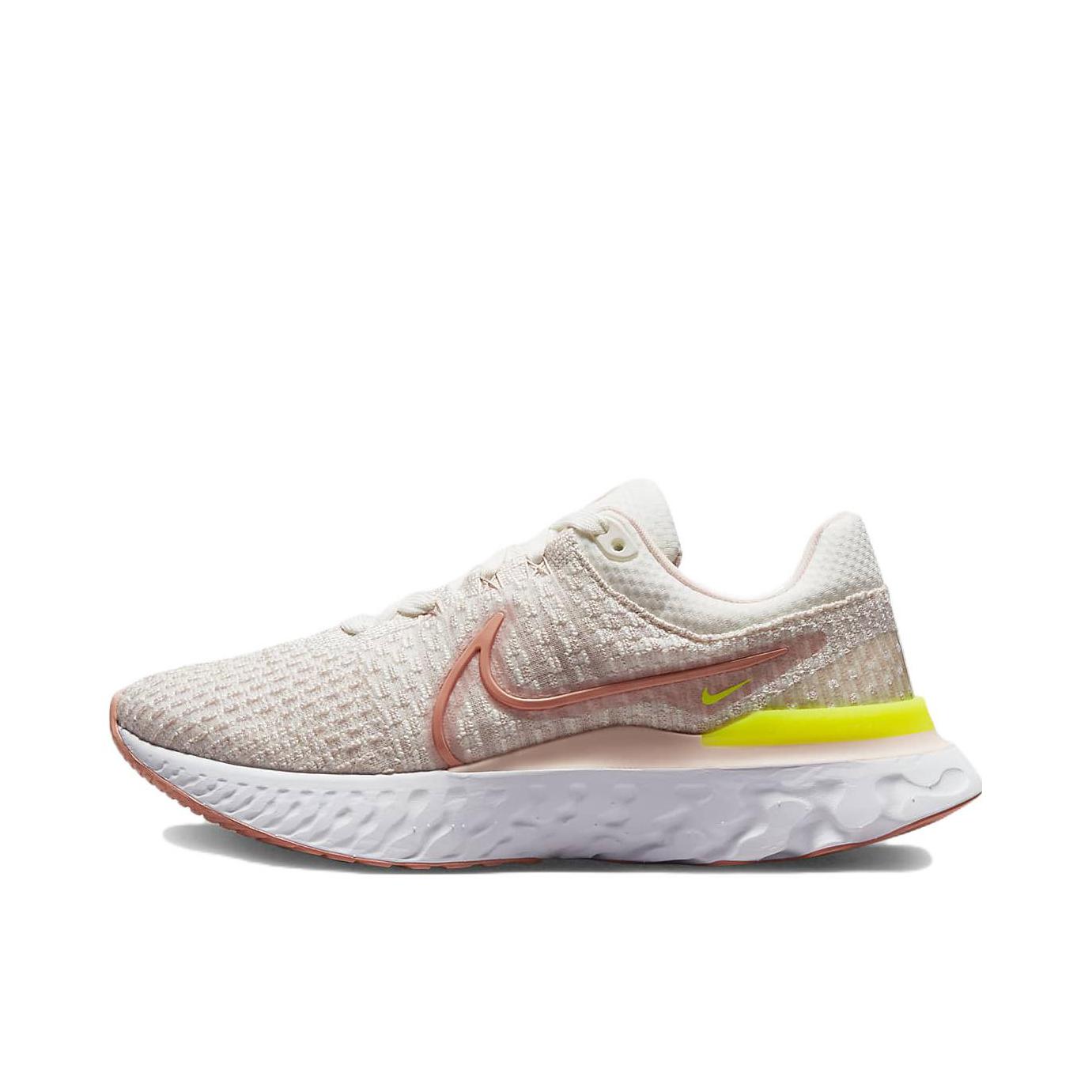 推荐商品：Nike React Infinity Run FK3 跑鞋 减震织物回弹支撑泡棉圆头 粉色/白色/黄色