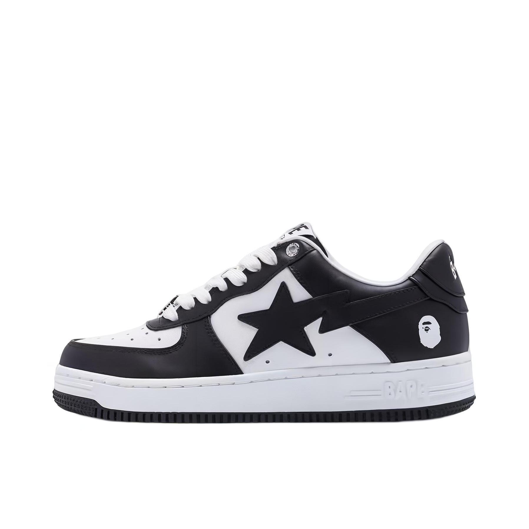 推荐商品：Bape Sta 板鞋 拼接舒适皮革防滑耐磨系带圆头时尚简约复古百搭牛皮压纹平跟徽标星星图案 女款/白色/黑色