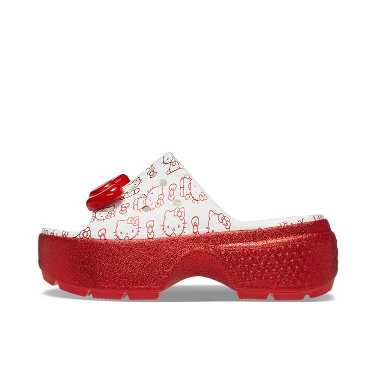 推荐商品：Crocs/卡骆驰 Stomp 雪屋 防滑耐磨 轻便透气 增高静音 防磨 一字外穿 沙滩鞋 洞洞鞋 拖鞋 209346 Hello Kitty联名/白色/红色