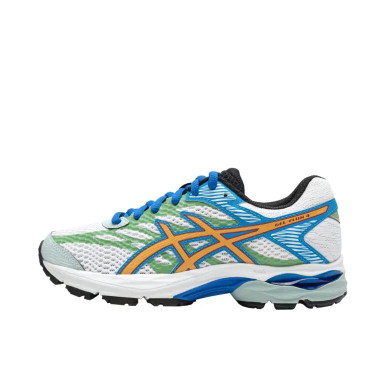 推荐商品：Asics/亚瑟士 Gel-Flux 4 跑鞋 包裹性舒适缓冲复古越野短跑慢跑织物轻量回弹合成革运动 女款/蓝色/橙色