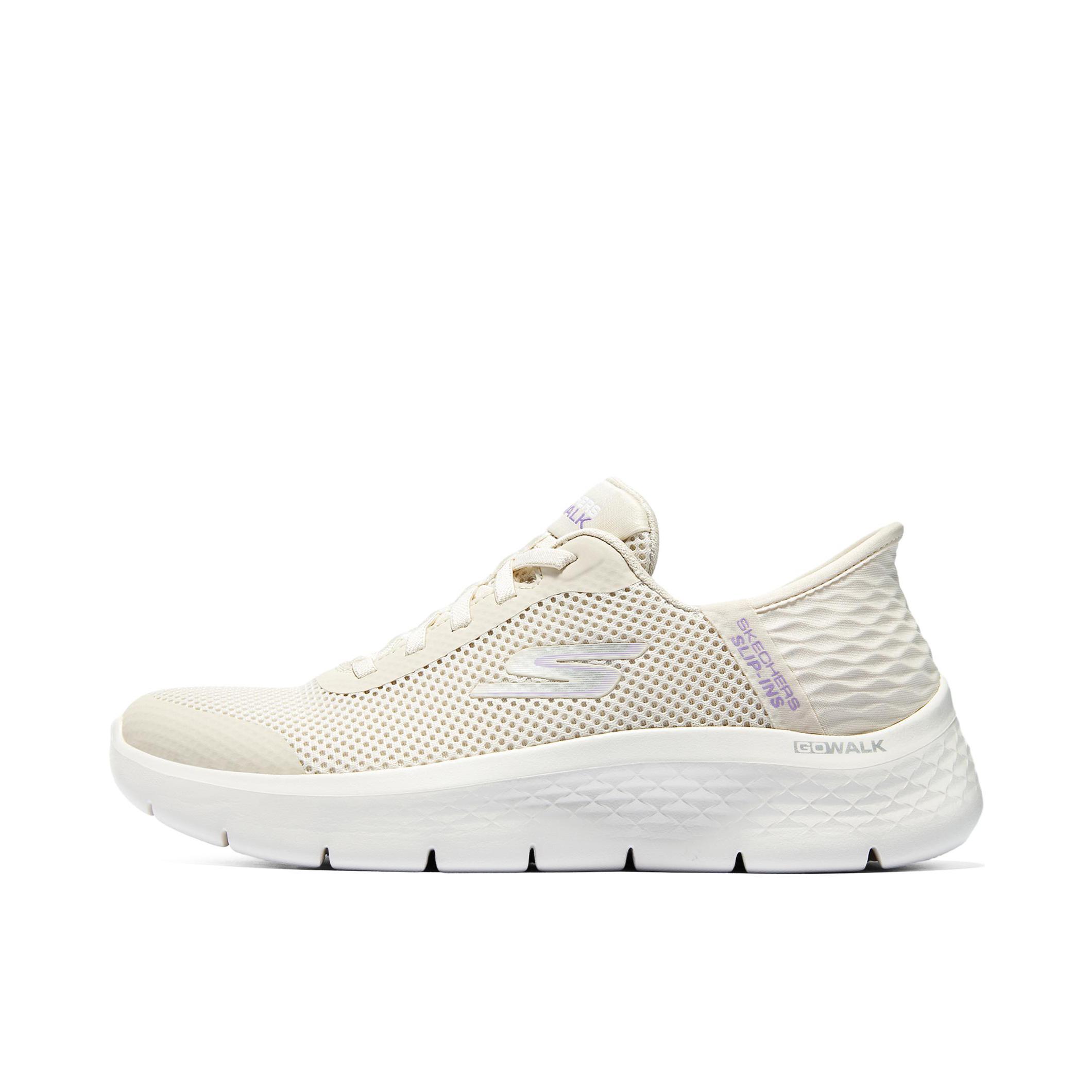 推荐商品：Skechers/斯凯奇 减震耐磨 轻便透气 舒适百搭 轻质网面 软底闪穿 织物 一脚蹬 易穿脱 运动休闲鞋 女款/米色/紫色