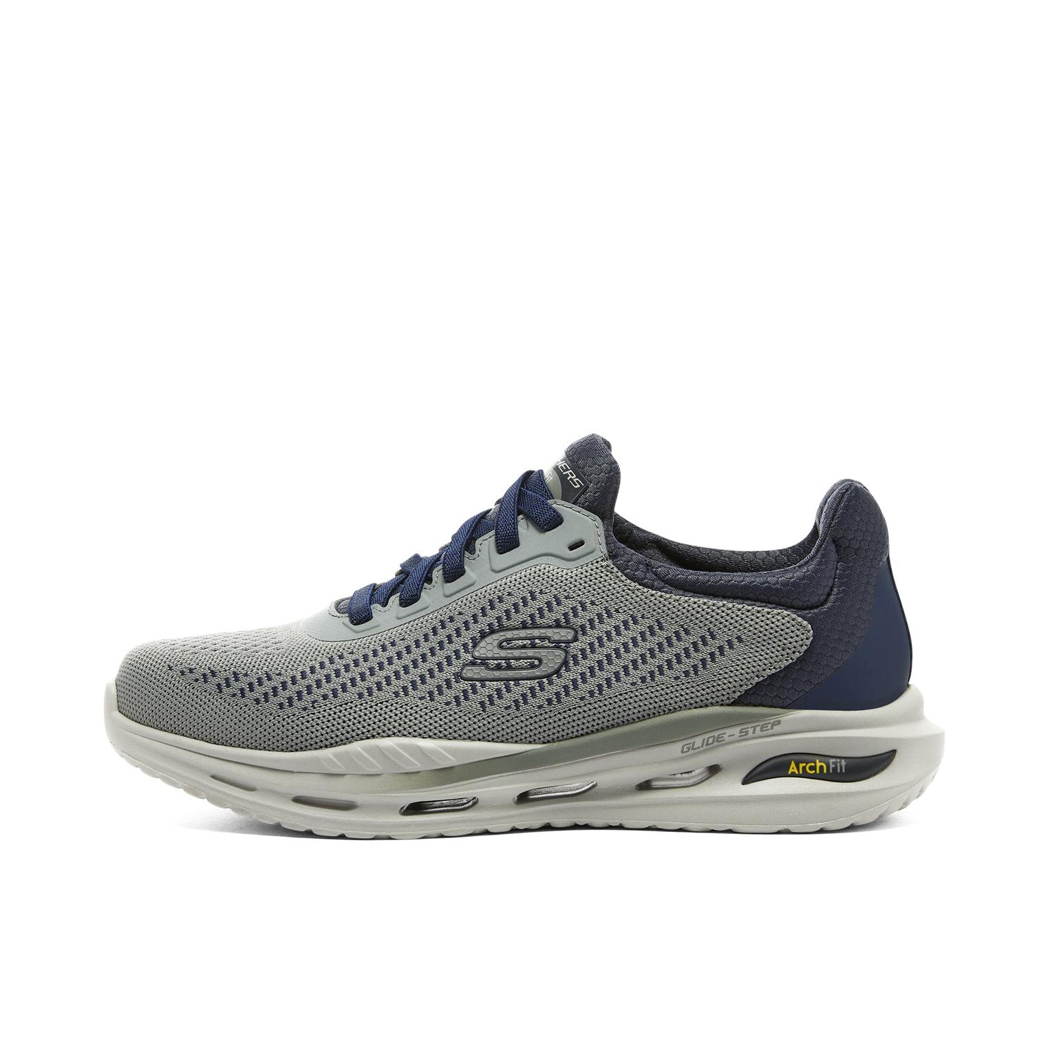 推荐商品：Skechers/斯凯奇 Arch Fit Orvan 减震防滑 舒适 网面透气 耐磨软底 休闲百搭 一脚蹬 织物 户外运动 跑鞋 灰色/海军蓝