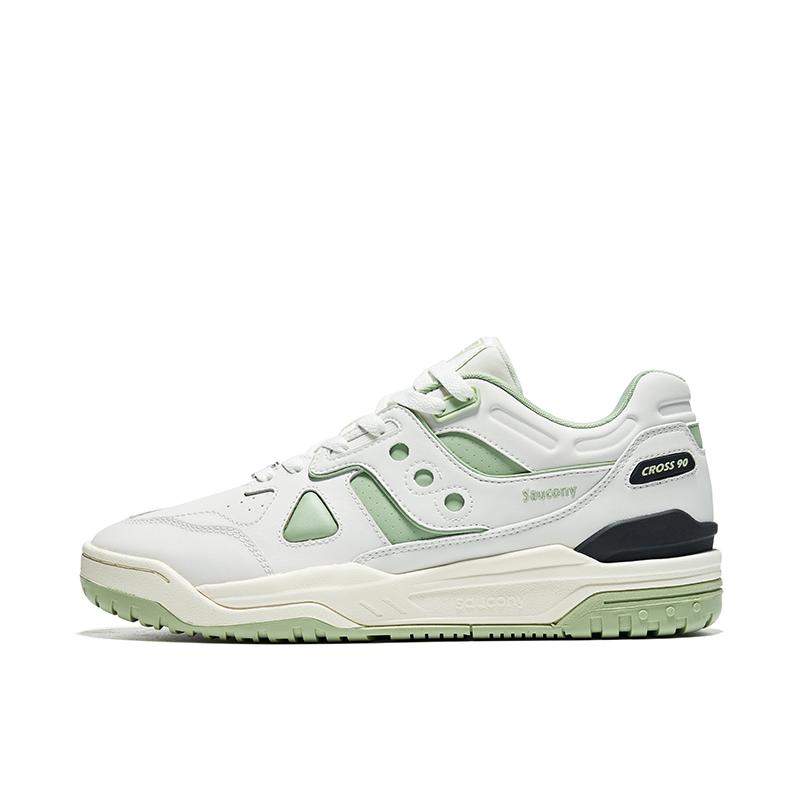 推荐商品：Saucony/索康尼 Cross 90 复古百搭 潮流 防滑耐磨 合成革 真皮 透气 增高 板鞋 运动休闲鞋 白色/浅绿
