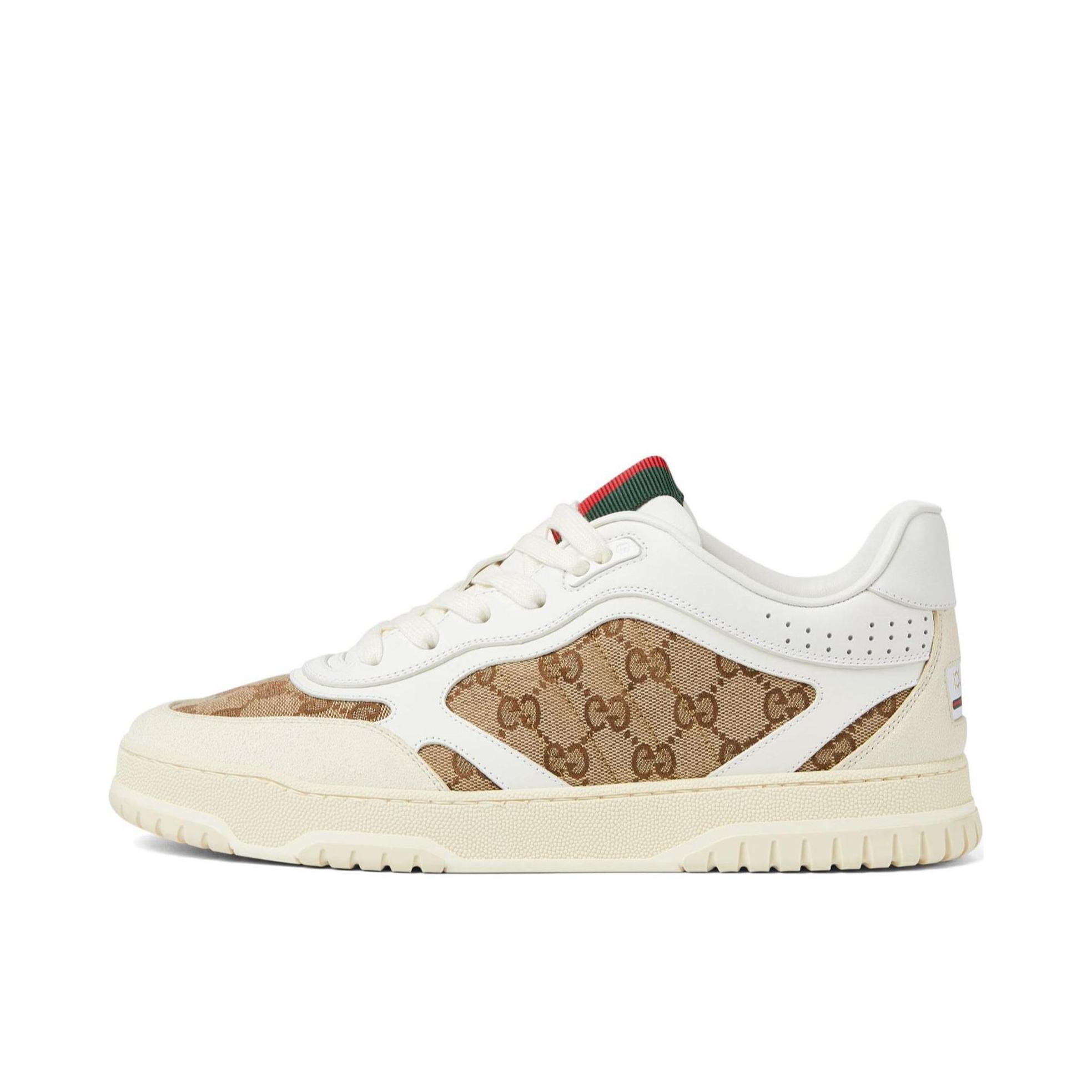 推荐商品：Gucci Re-Web 板鞋 皮革低帮拼接舒适轻便运动粒面纹理圆头 白色/棕色