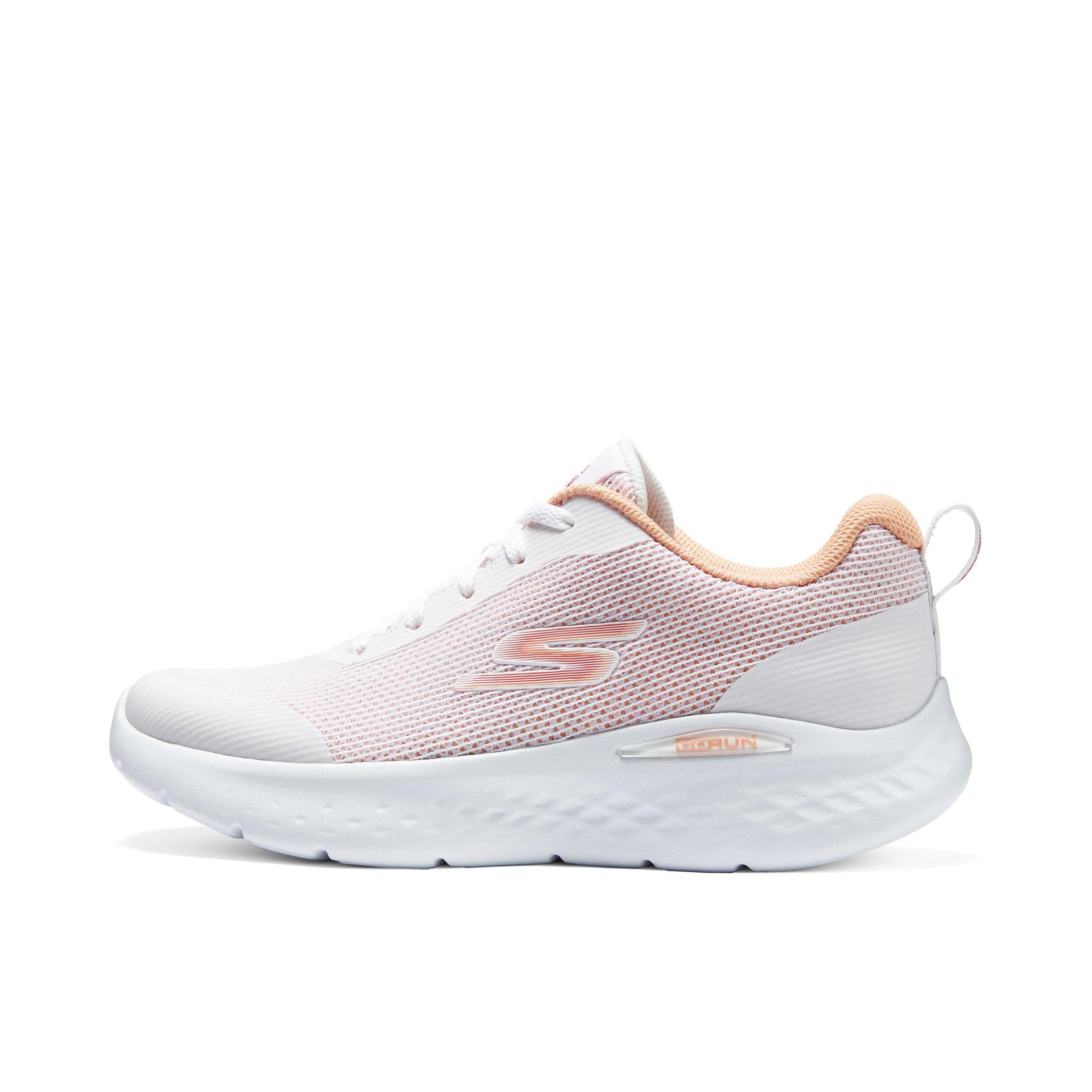 推荐商品：Skechers/斯凯奇 Go Run Lite 引跑者 舒适透气 轻质软底 缓震回弹 支撑耐磨 软弹 网面 织物 跑鞋 白色/橙色
