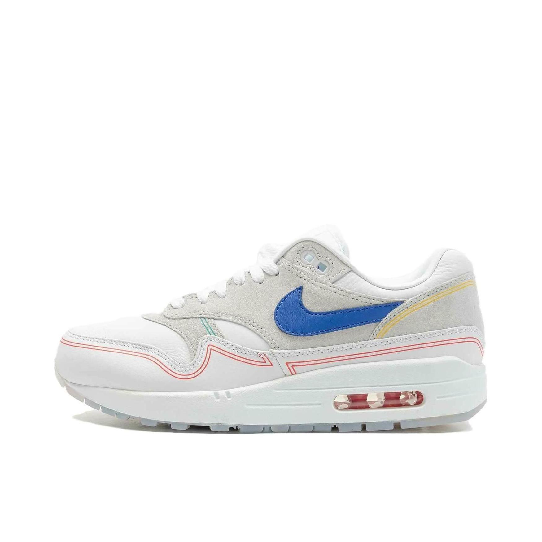 推荐商品：Nike Air Max 1 跑鞋 气垫缓震透气轻便复古运动舒适百搭潮流耐磨低帮训练防滑冬季支撑马拉松防水抓地圆头耐穿 Centre Pompidou By Day 白色/灰色/蓝色