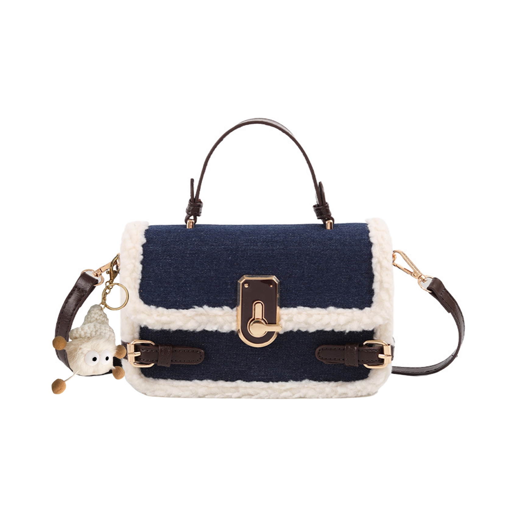 推荐商品：UNITE STAR 小众设计秋冬美拉德风羊羔毛高级感拼接锁扣帆布小方包手提单肩斜挎包