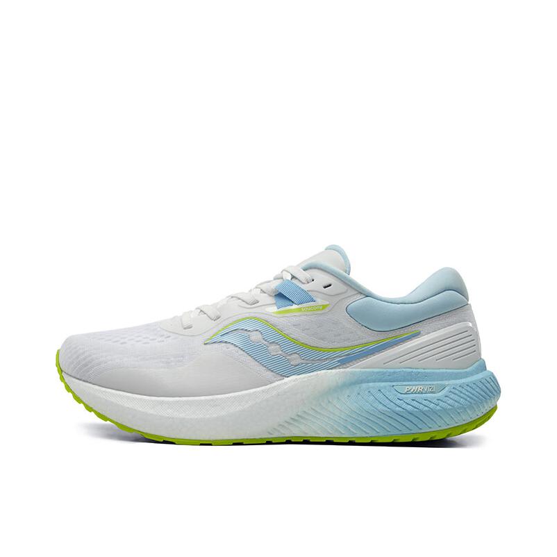 推荐商品：Saucony/索康尼 Surge 澎湃 缓震 防滑耐磨 轻便透气 软底回弹 跑鞋 白色/蓝色