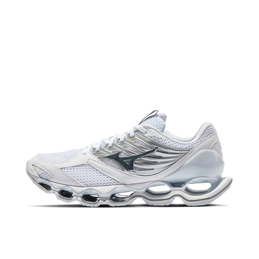 推荐商品：Mizuno/美津浓  Wave Prophecy 13 预言13S 舒适缓震 防滑耐磨 轻便 支撑平衡 网布透气 织物  跑鞋  J1GC24490 白色/灰色/银色