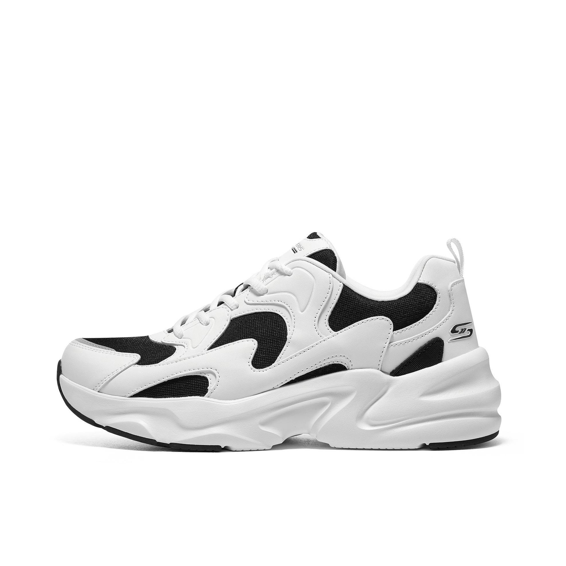 推荐商品：Skechers/斯凯奇  Bobs  Bamina 2 踏浪 休闲 运动鞋 老爹鞋 情侣鞋 复古学院风轻便耐磨网面透气舒适绑带增高厚底  男款/黑色/白色